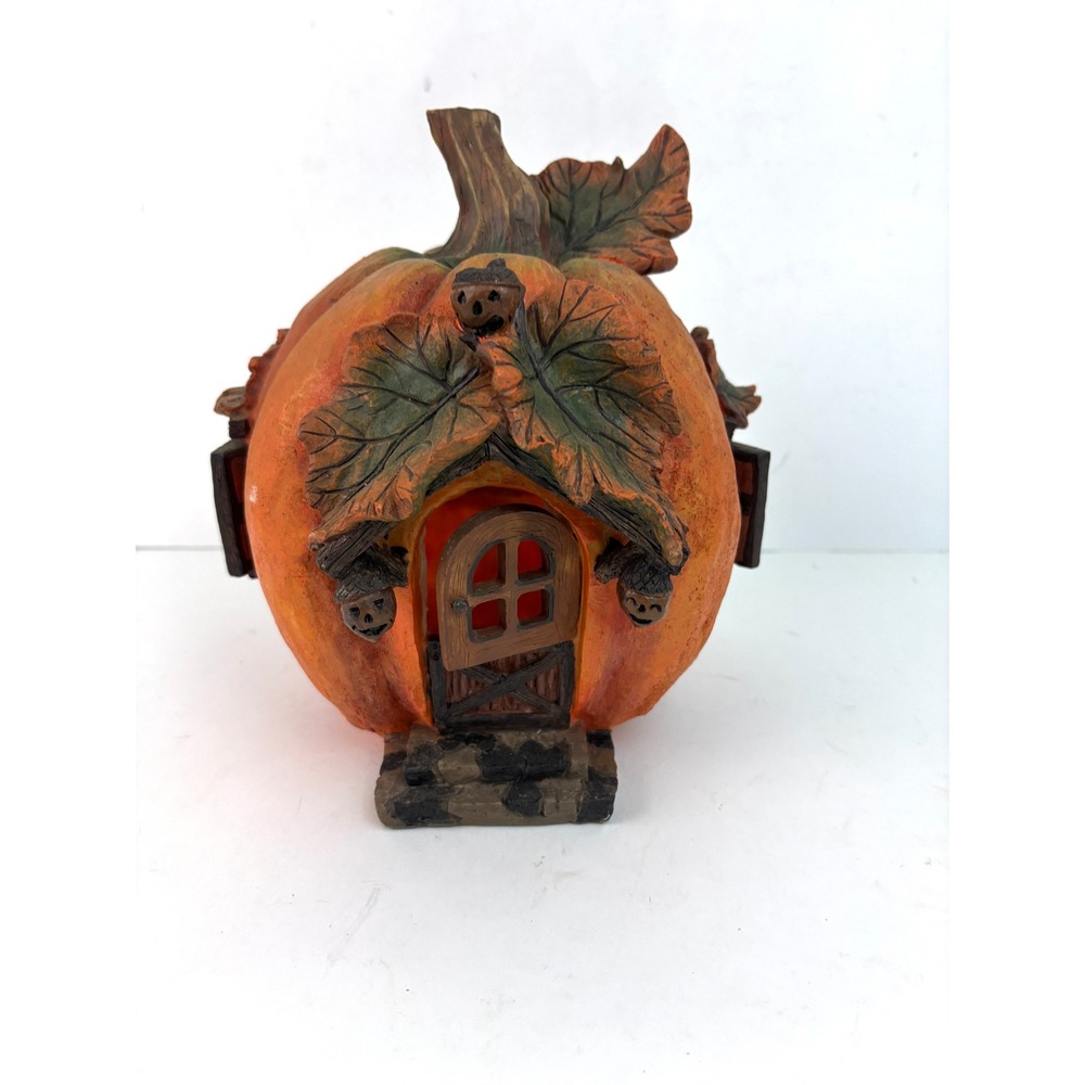 Pumpkin Cottage House Fall Halloween Decor Jack O Lantern Acorns 8.5"